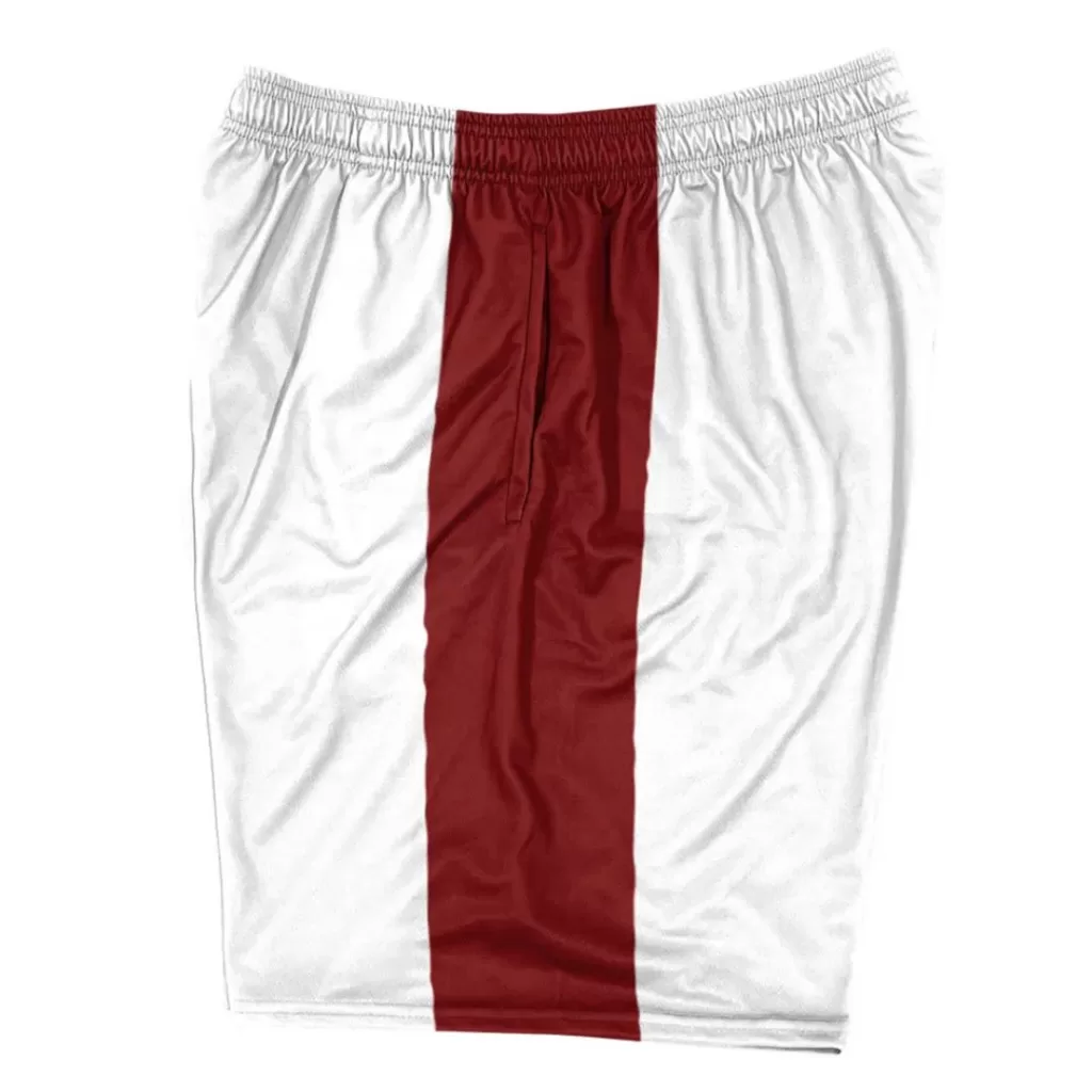 Men's lacrosse shorts in white with red center panel and elastic waistband