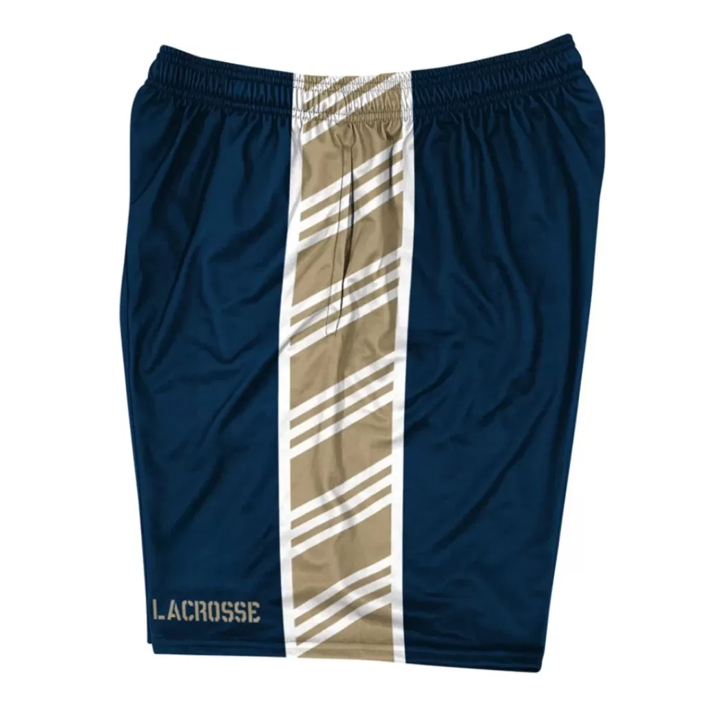 Women's lacrosse shorts in navy blue with gold and white center panel