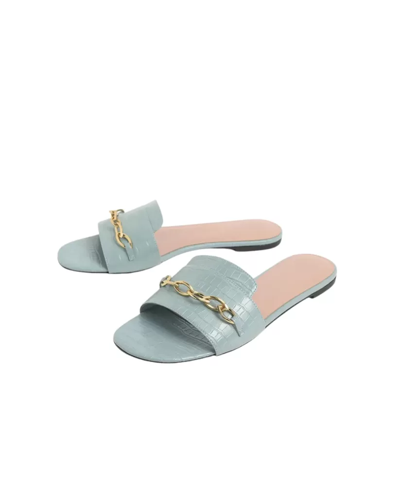 womens sandals manufacturer flat slide sandals with croc embossed wide strap and gold chain detail