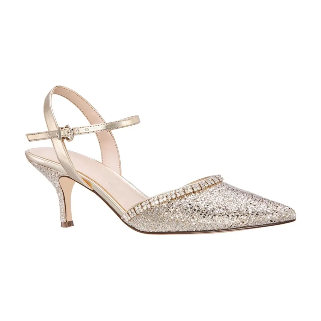 Elegant wedding kitten heels with a glittering design and ankle strap – A perfect choice for brides from Lajwanti Official.