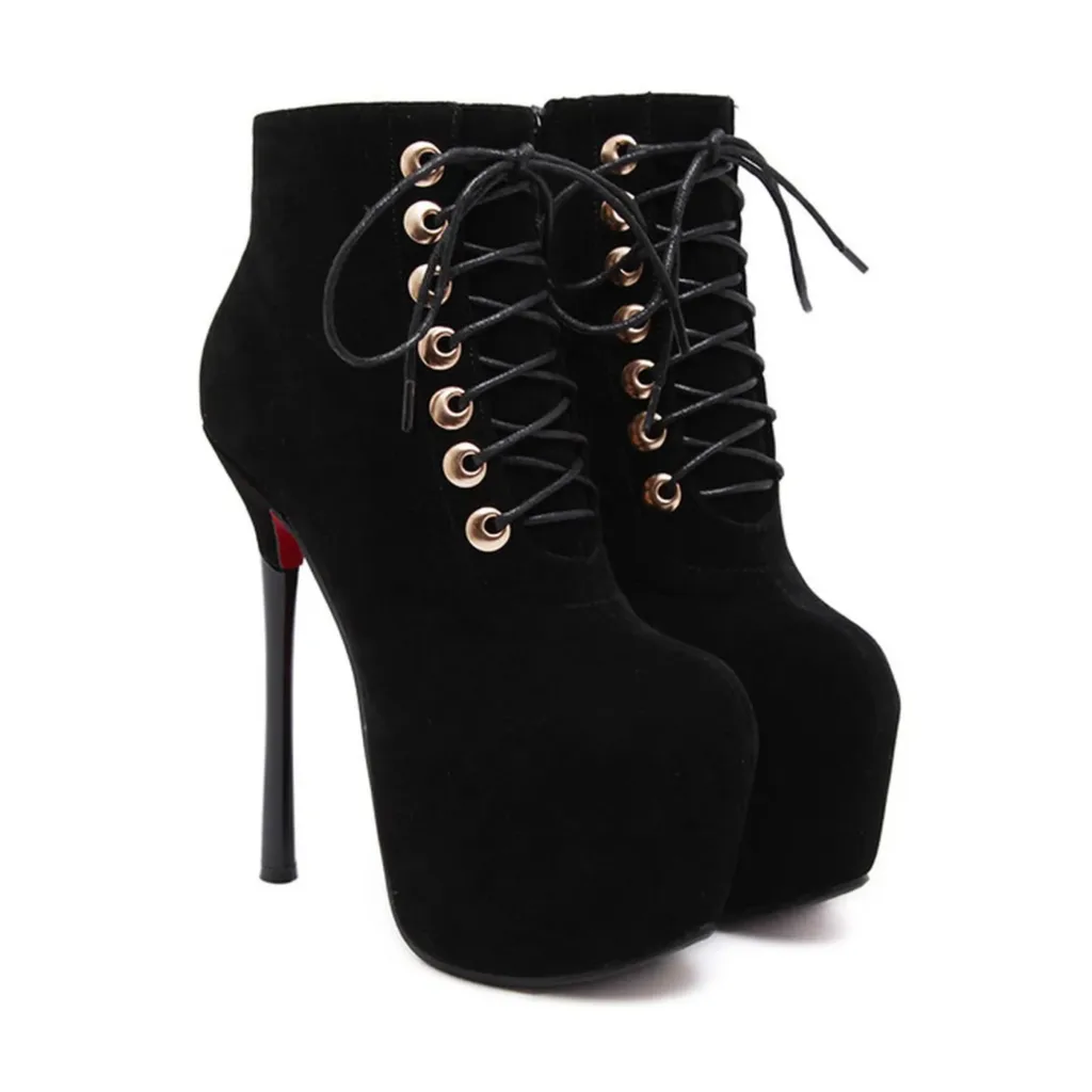 High heel ankle boots by Lajwanti Shoes with lace-up design and stiletto heel.