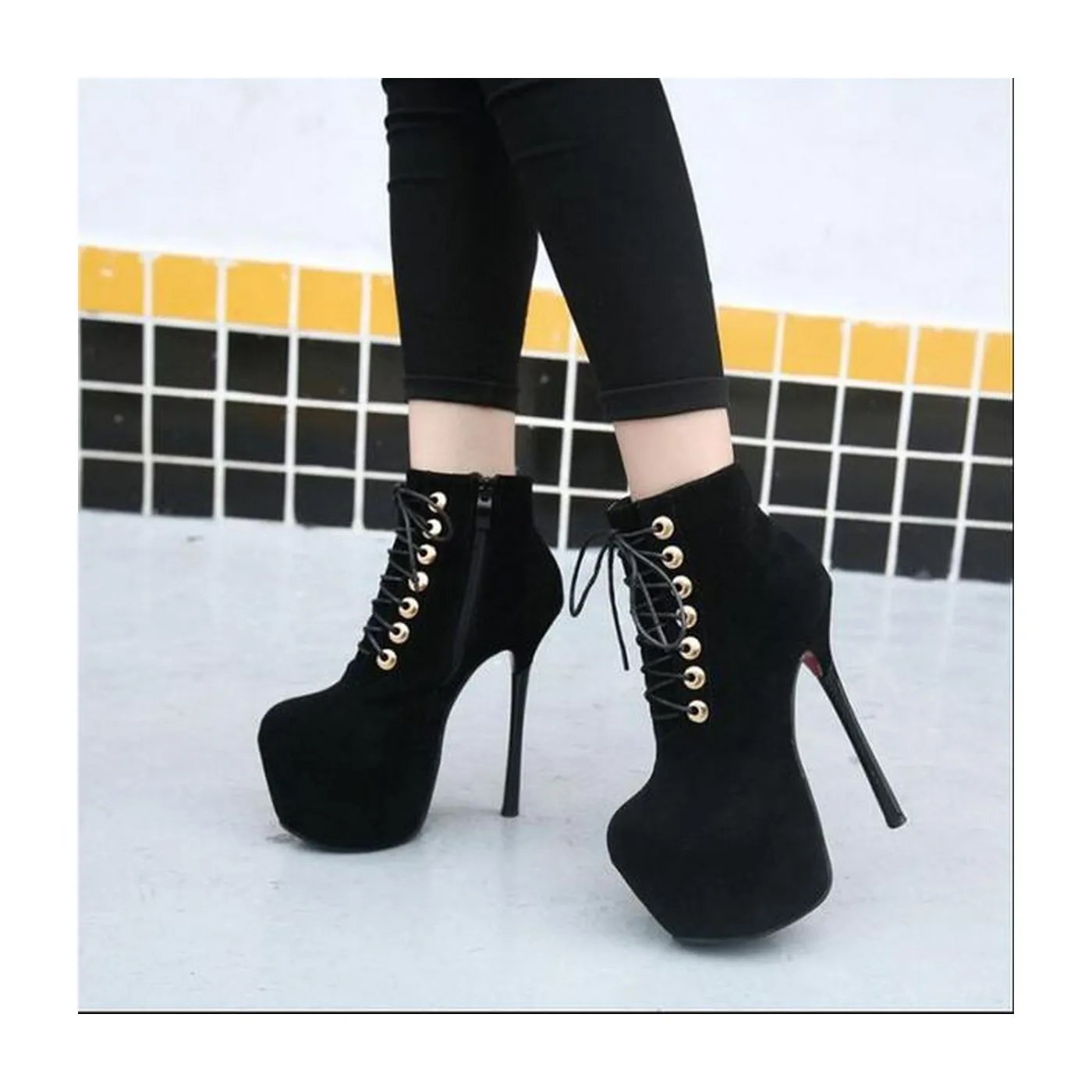 High heel ankle boots by Lajwanti Shoes with lace-up design and stiletto heel. High heel ankle boots by Lajwanti Shoes with lace-up design and stiletto heel.