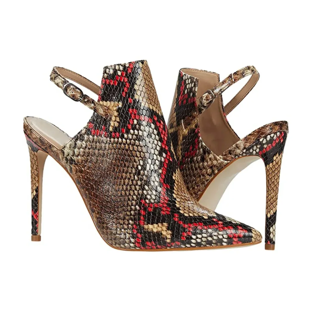 Closed toe high heels by Lajwanti Shoes with slingback design and snake print pattern.