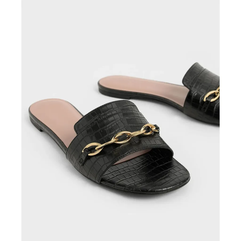 custom made black flat shoes with gold chain detail from Lajwanti Designers