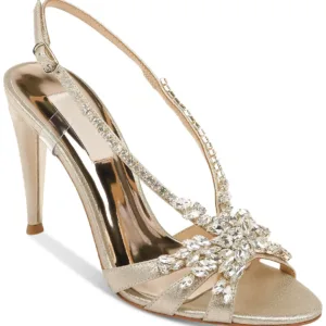 Wide fit gold bridal sandals with rhinestone embellishment - Comfortable high heel wedding shoes from Lajwanti Collections.