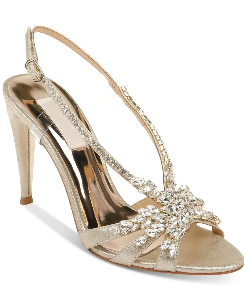 Wide fit gold bridal sandals with rhinestone embellishment - Comfortable high heel wedding shoes from Lajwanti Collections.