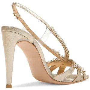 Side view of wide fit gold bridal sandals with rhinestone detail - Comfortable high heel wedding shoes from Lajwanti Collections.