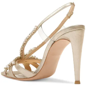 Another angle of wide fit gold bridal sandals with rhinestone embellishment, high heel wedding shoes from Lajwanti Collections.