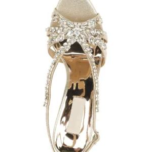 Top view of wide fit gold bridal sandals with rhinestone embellishments - Comfortable wedding shoes from Lajwanti Collections.