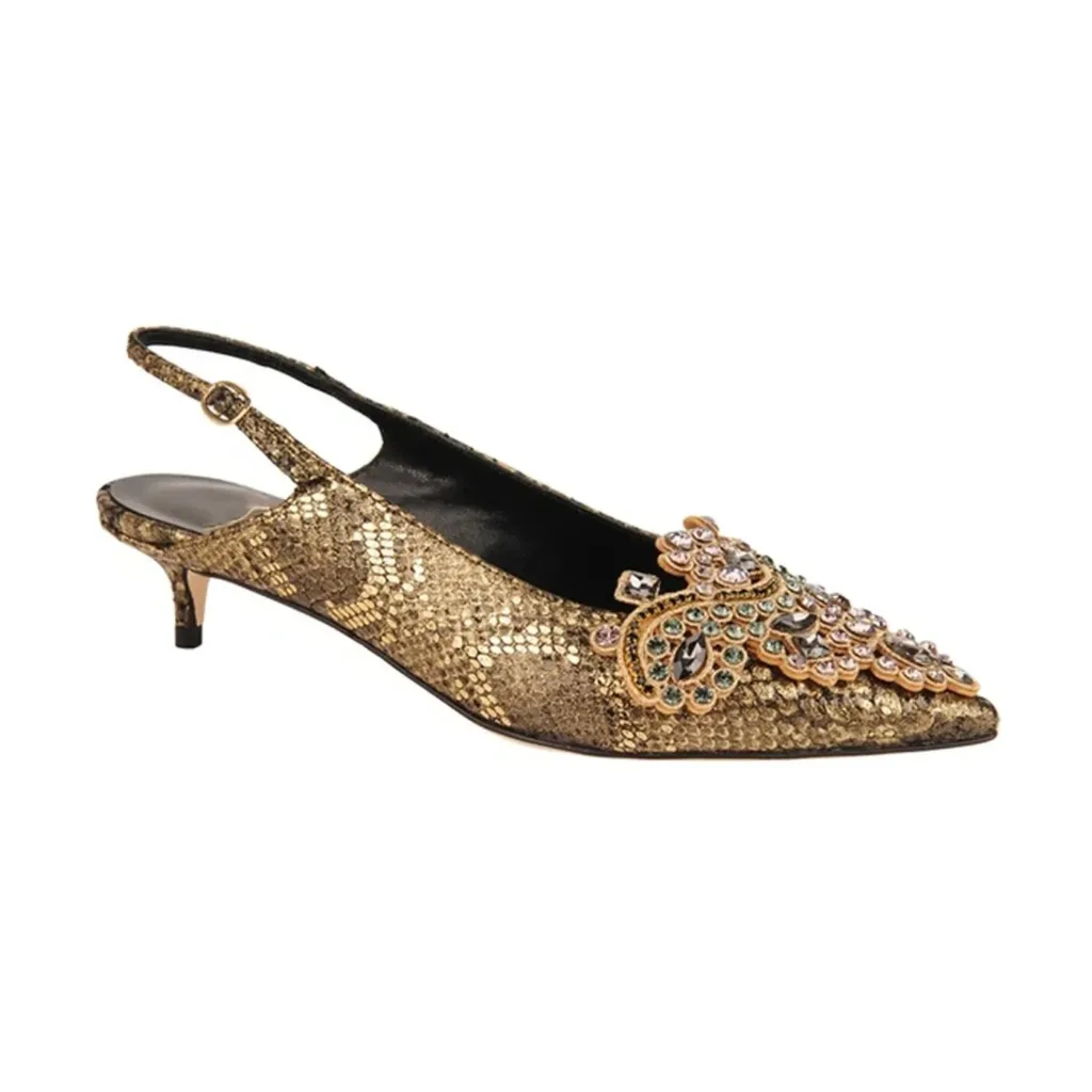 Gold low heel wedding shoes with rhinestone embellishment – Elegant bridal shoes from Lajwanti Official.