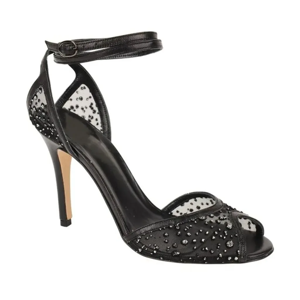 Black heels for women by Lajwanti Shoes with embellished design and ankle strap.