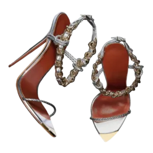 Custom-made silver high heels with embellished ankle chain, private label and bespoke shoes manufacturer