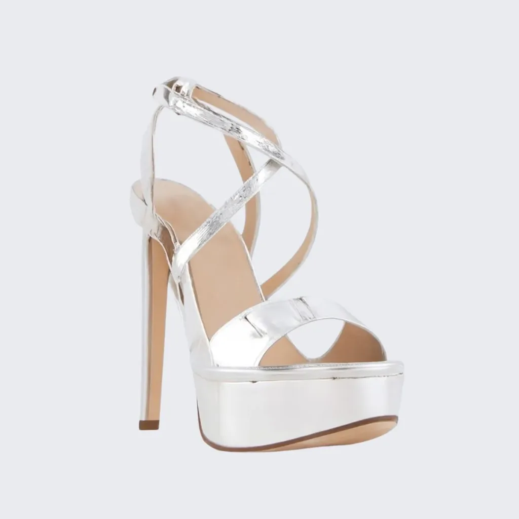 girls platform shoes silver by Lajwanti Designers, high heels with criss-cross straps