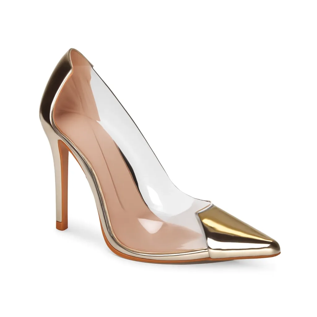 Elegant gold and clear wedding shoes by Lajwanti Designers, offering a unique and sophisticated design.