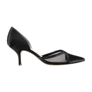 Elegant black custom made pumps by Lajwanti Designers, featuring mesh detailing and a chic pointed toe.