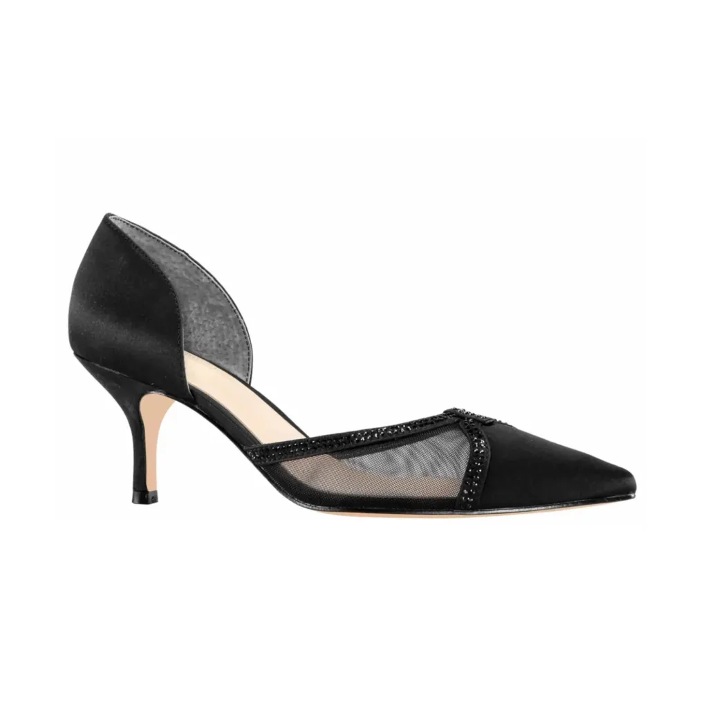 Elegant black custom made pumps by Lajwanti Designers, featuring mesh detail and a chic pointed toe design.