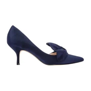 Elegant side view of navy blue custom made pumps with bow detail by Lajwanti Designers.