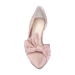 Elegant pink satin pumps featuring a stylish bow detail on the toe.