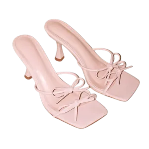 Lajwanti Designers beige heeled mules with bow detail, square toe design for women