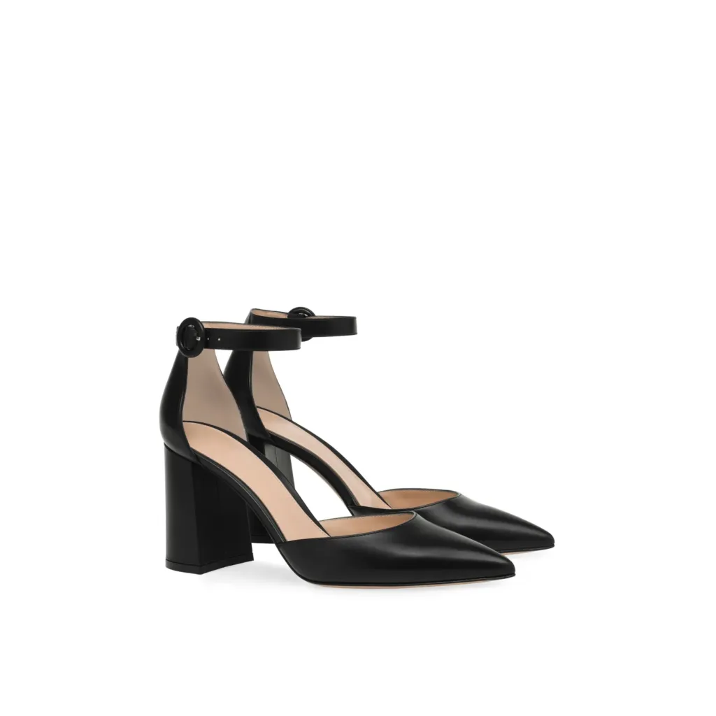 Elegant black private label pumps by Lajwanti Designers, featuring a chic ankle strap and block heel design.