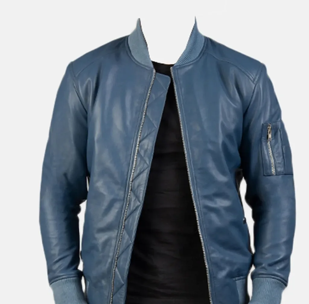 Custom blue leather bomber jacket manufacturer – close-up of ribbed collar and sleeve zip pocket