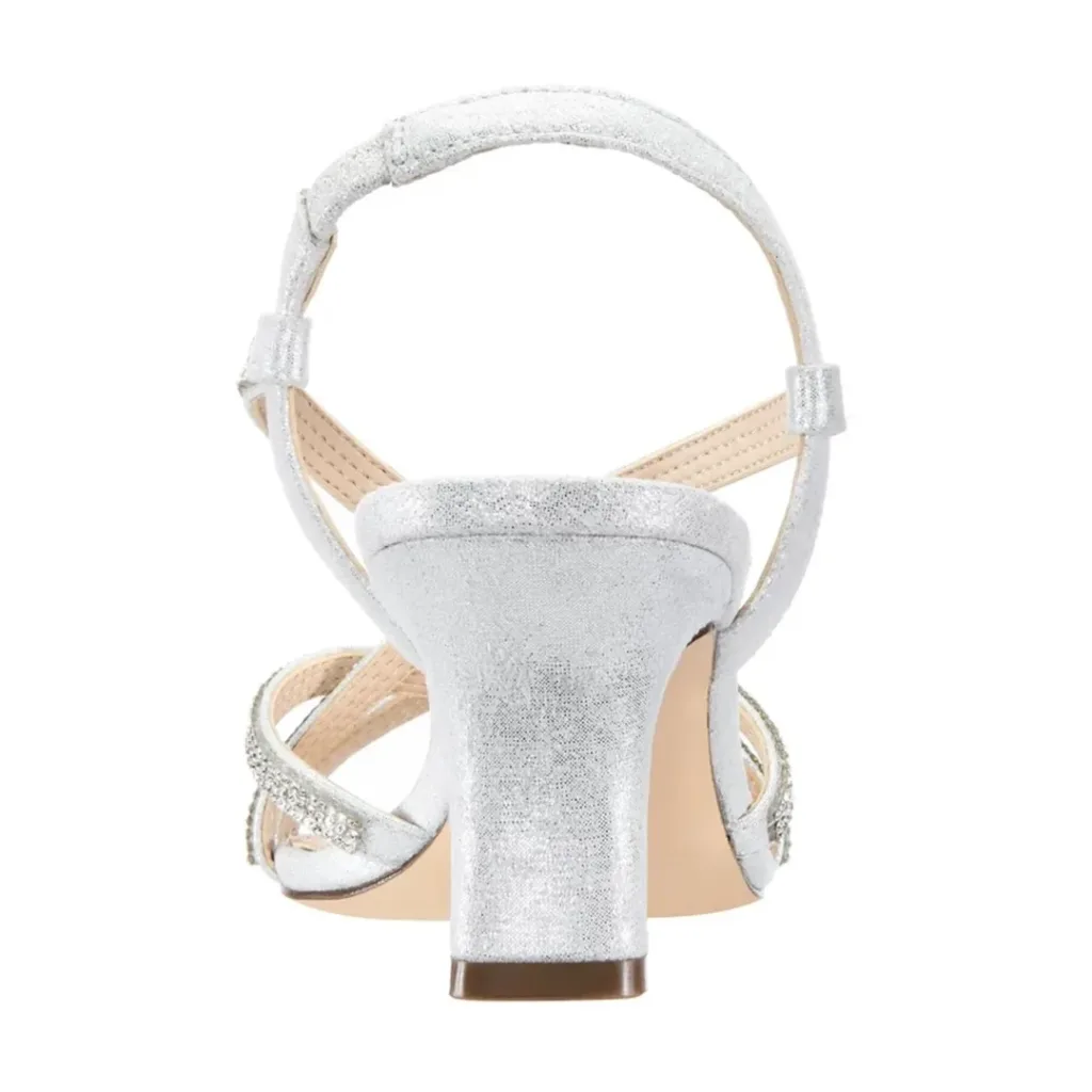 Back view silver slingback medium block heel sandal for OEM women footwear