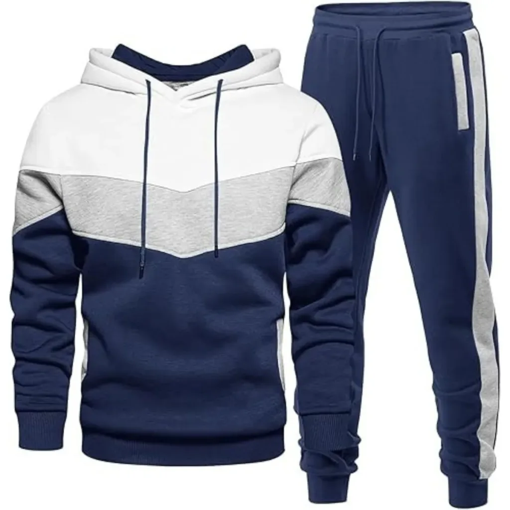 Custom men's tracksuits in navy blue, white, and grey
