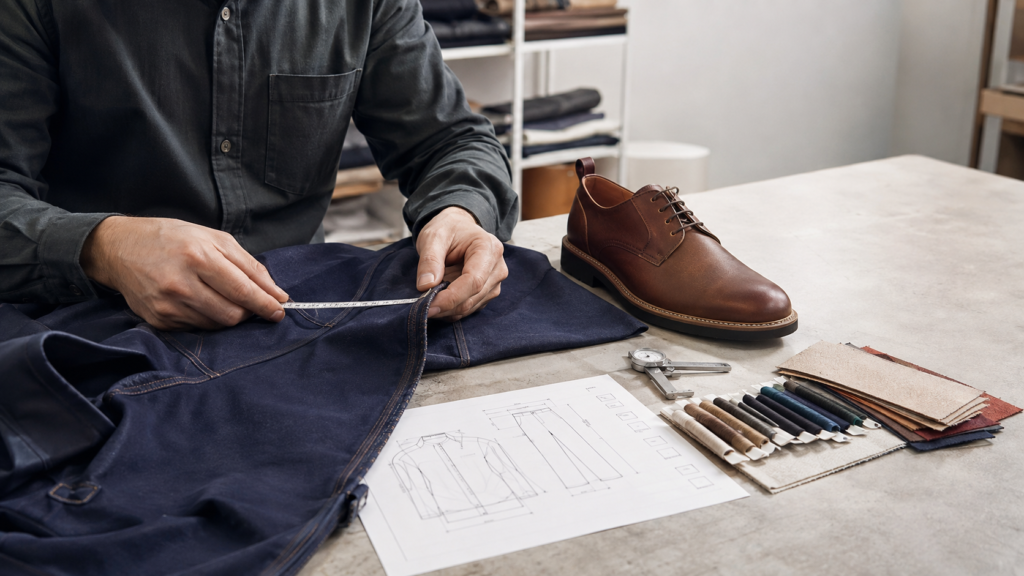 Buyer evaluating footwear and apparel samples from a manufacturer