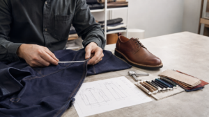 Buyer evaluating footwear and apparel samples from a manufacturer