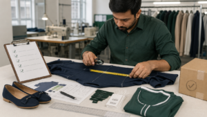 Fashion quality inspector measuring a garment during a pre-shipment quality-control inspection